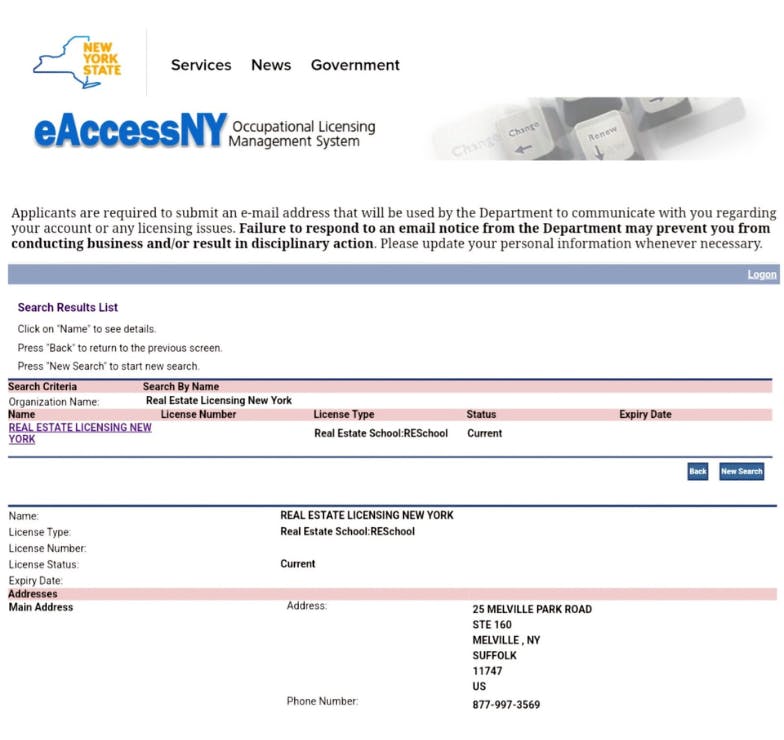 RELNY Real Estate Licensing New York NYS DOS eAccessNY Accreditation