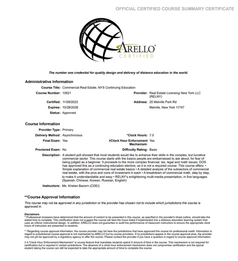 RELNY Real Estate Licensing New York ARELLO® Accreditation Certificate Commercial Real Estate Continuing Education CE Course