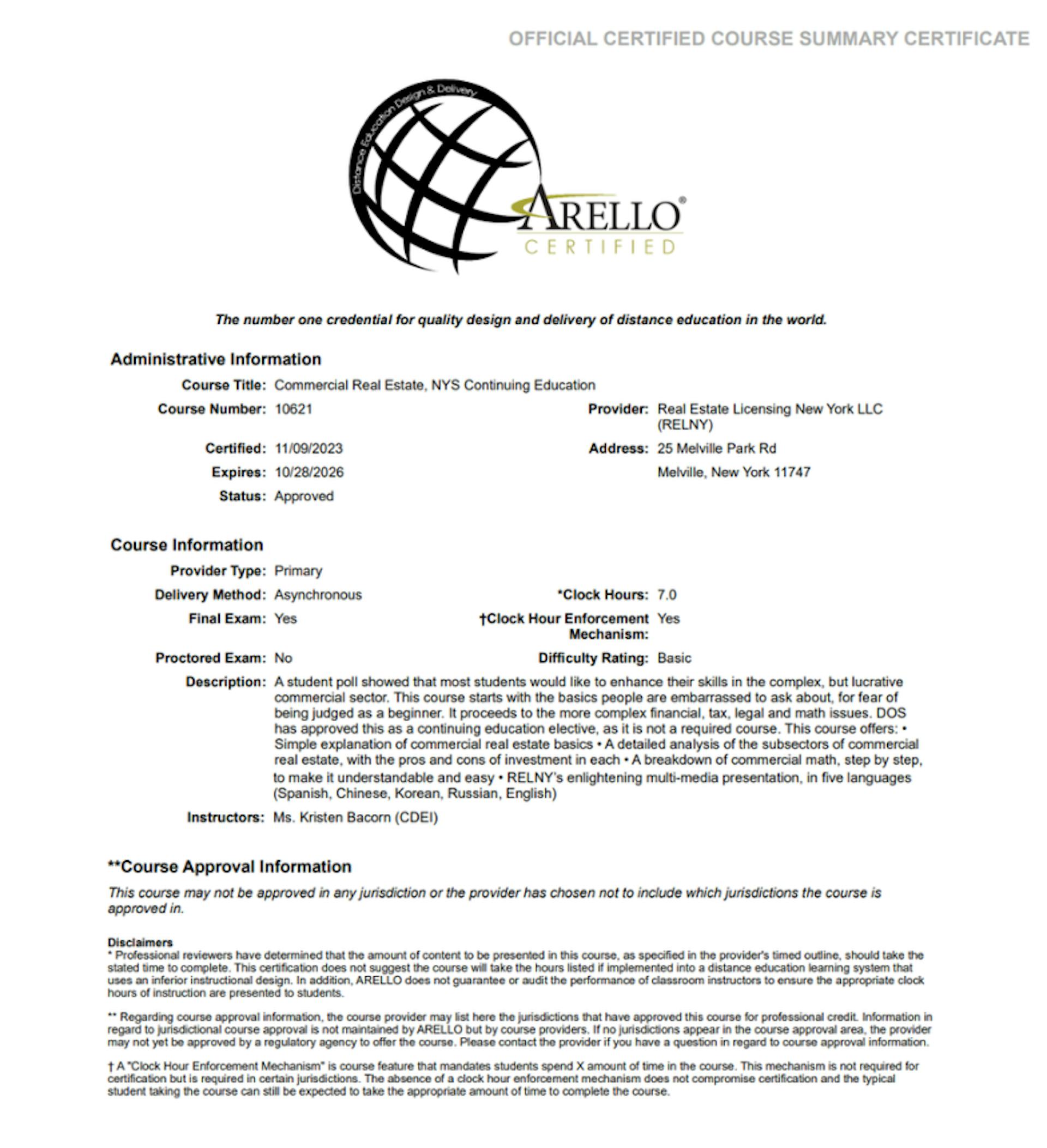 RELNY Real Estate Licensing New York ARELLO® Accreditation Certificate Commercial Real Estate Continuing Education CE Course