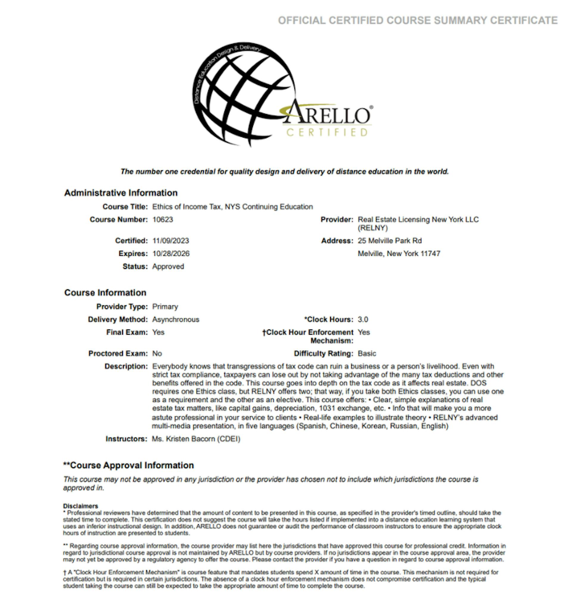 RELNY Real Estate Licensing New York ARELLO® Accreditation Certificate Ethics of Income Tax Continuing Education CE Course