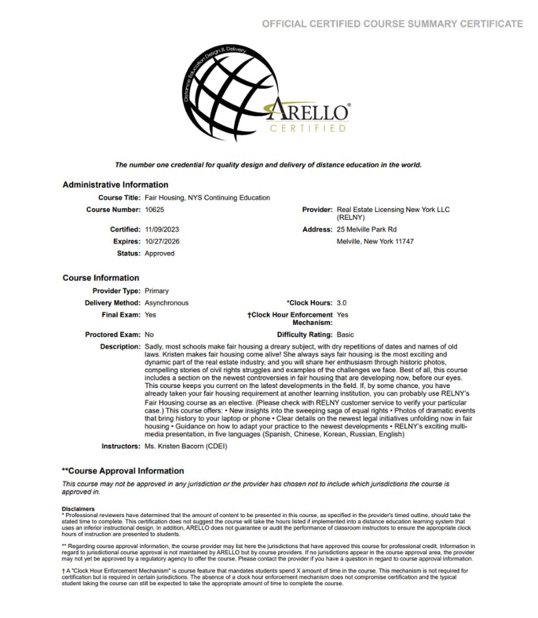 RELNY Real Estate Licensing New York ARELLO® Accreditation Certificate Fair Housing New York State Continuing Education CE Course