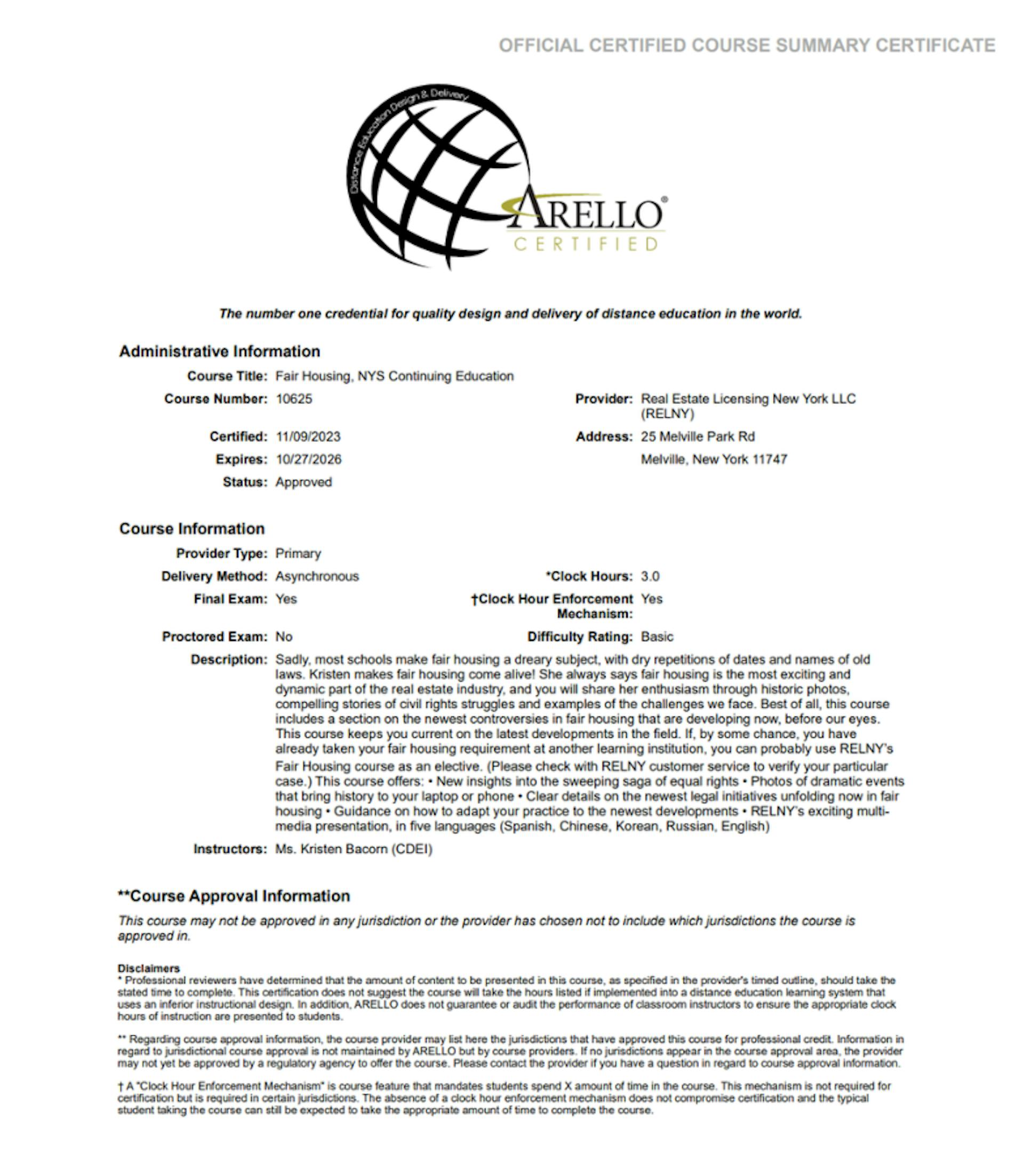 RELNY Real Estate Licensing New York ARELLO® Accreditation Certificate Fair Housing New York State Continuing Education CE Course