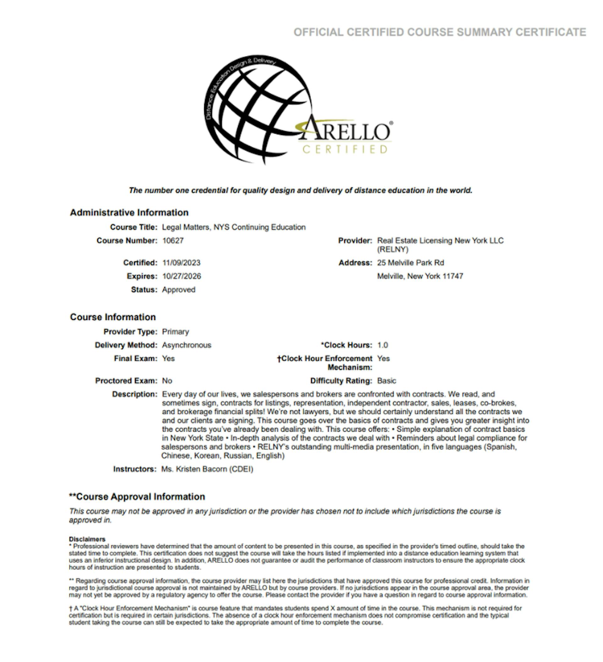 RELNY Real Estate Licensing New York ARELLO® Accreditation Certificate Legal Matters Continuing Education CE Course