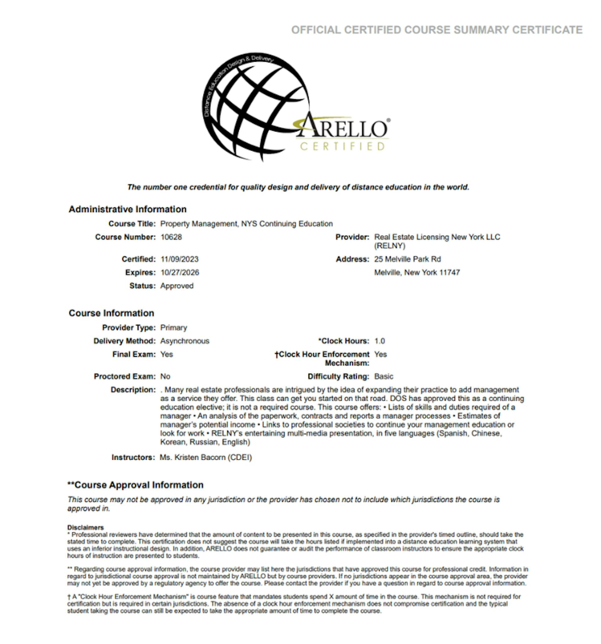 RELNY Real Estate Licensing New York ARELLO® Accreditation Certificate Property Management Continuing Education CE Course