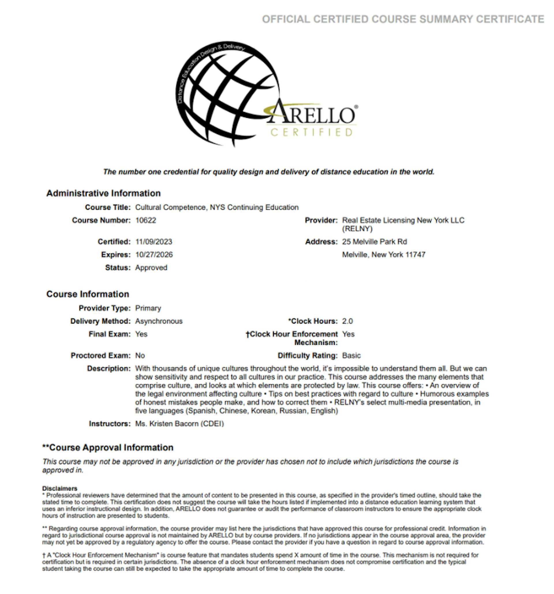 RELNY Real Estate Licensing New York ARELLO® Accreditation Certificate Cultural Competence Continuing Education CE Course