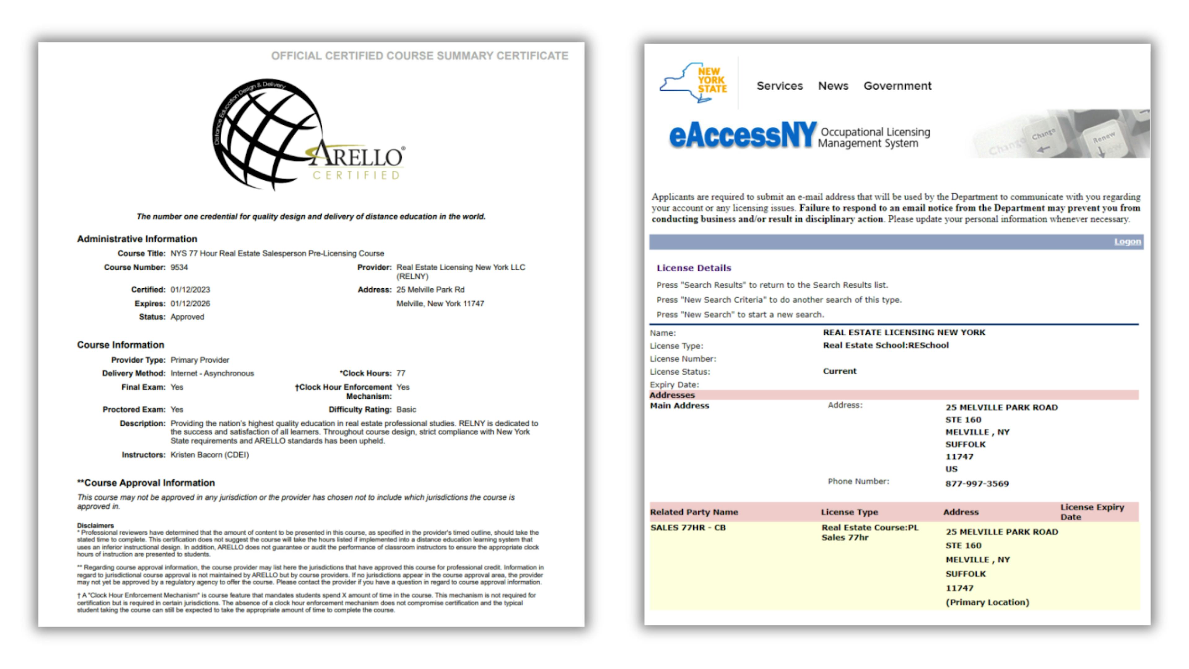 RELNY ARELLO® NYS DOS Accreditation Certificate NYS 77 Hour Salesperson Pre-Licensing Course