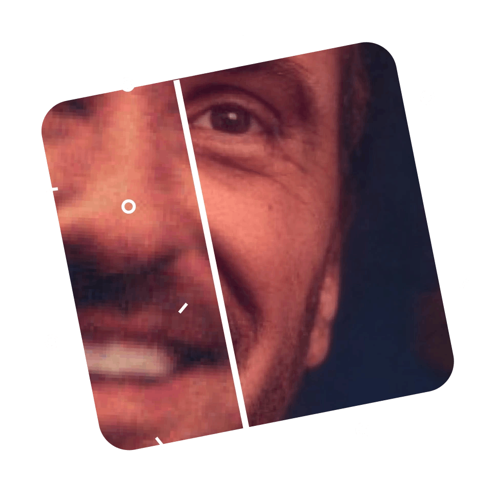 A low-res photo of a smiling man looks significantly denoised and smoothed in a before-and-after view of the enhanced image.