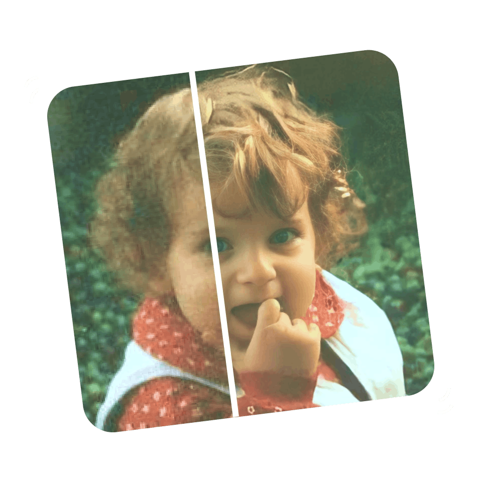 Partially restored vintage photo of a small child, with blur on the left side of the image and hi-res quality on the right.
