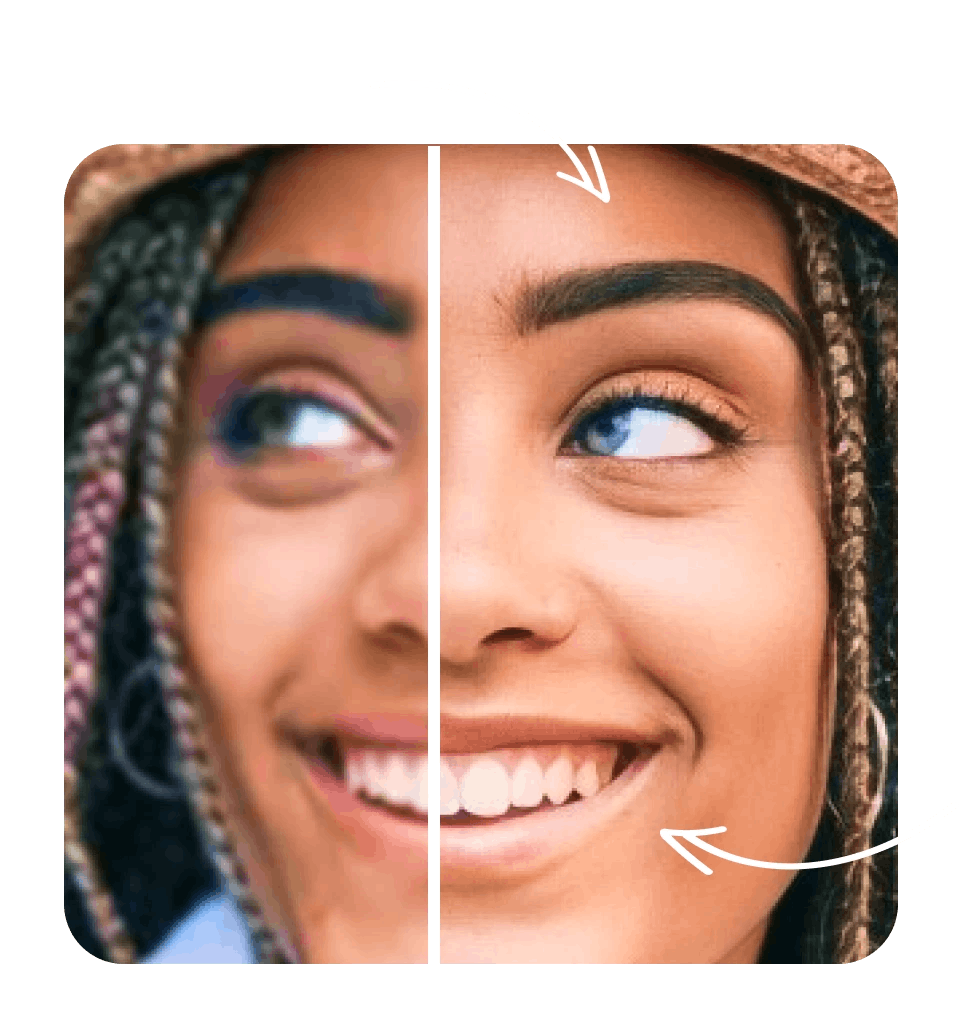 Partially enhanced photo of a smiling woman; half of her face appears blurry and out of focus, the other has sharp detail.