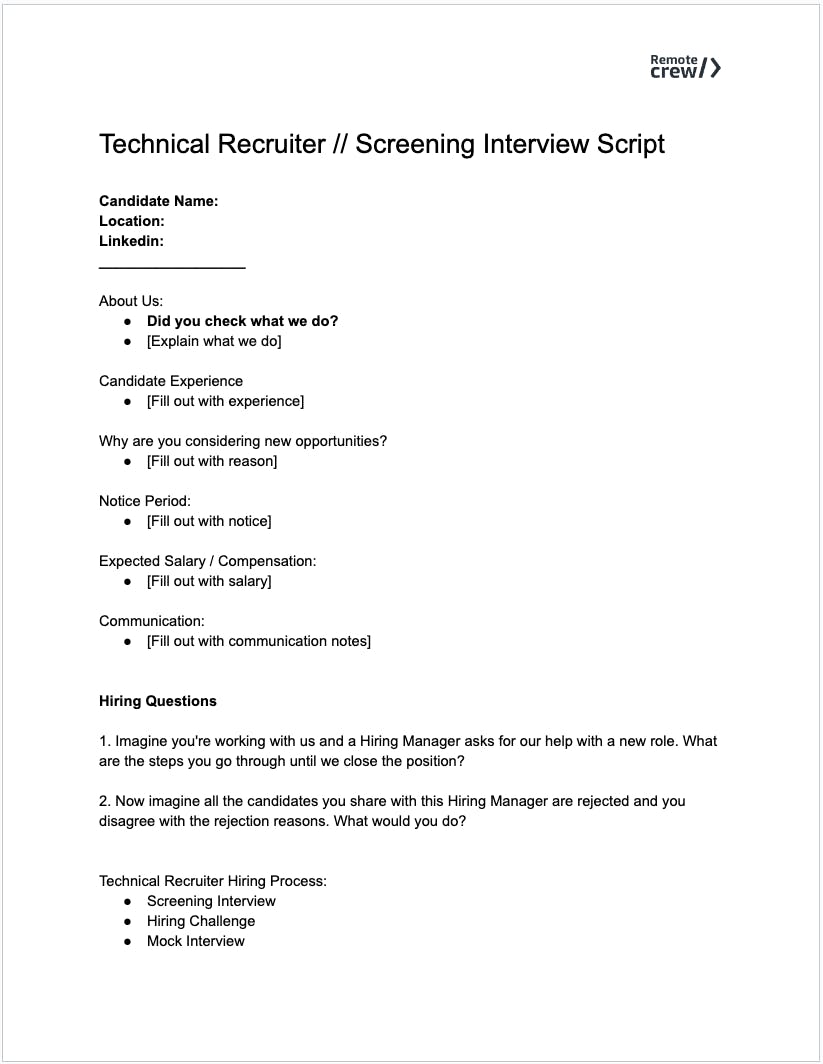 Technical Recruiter Screening Interview Script