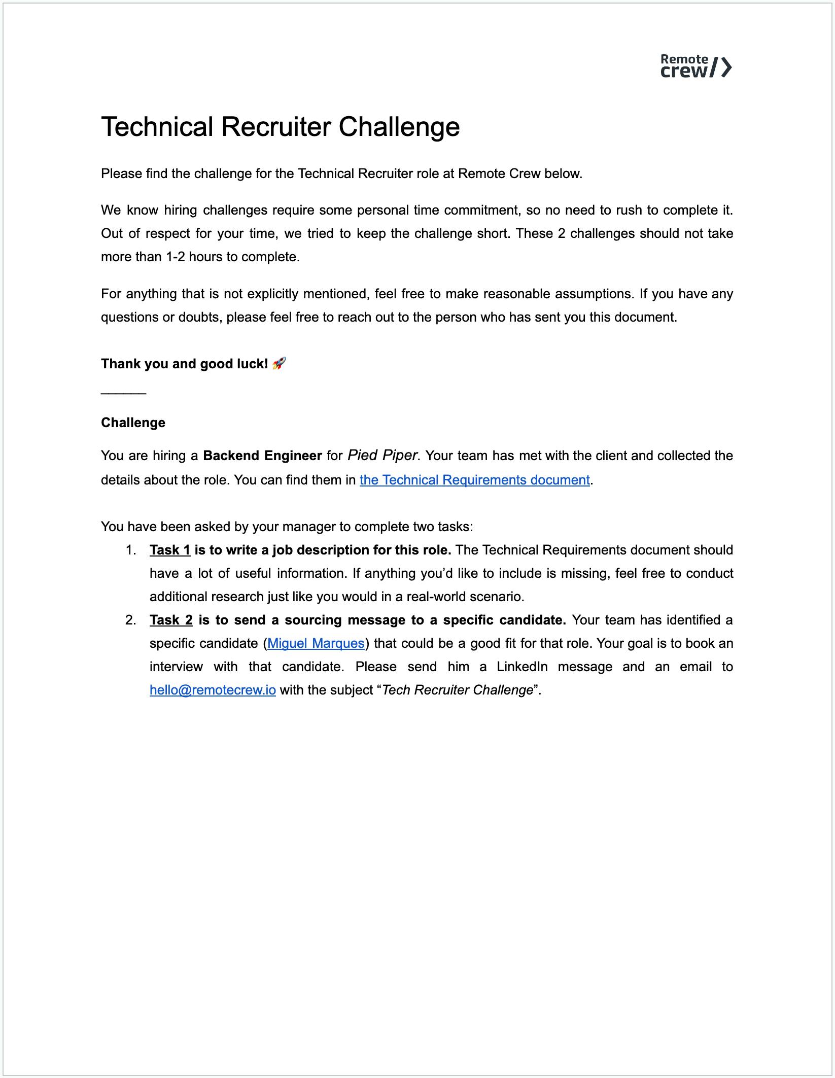 Technical Recruiter Challenge