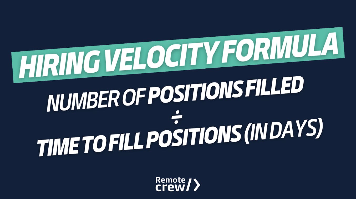 Hiring Velocity Formula: Number of positions filled divided by time to fill positions (in days). Remote Crew logo at the bottom.