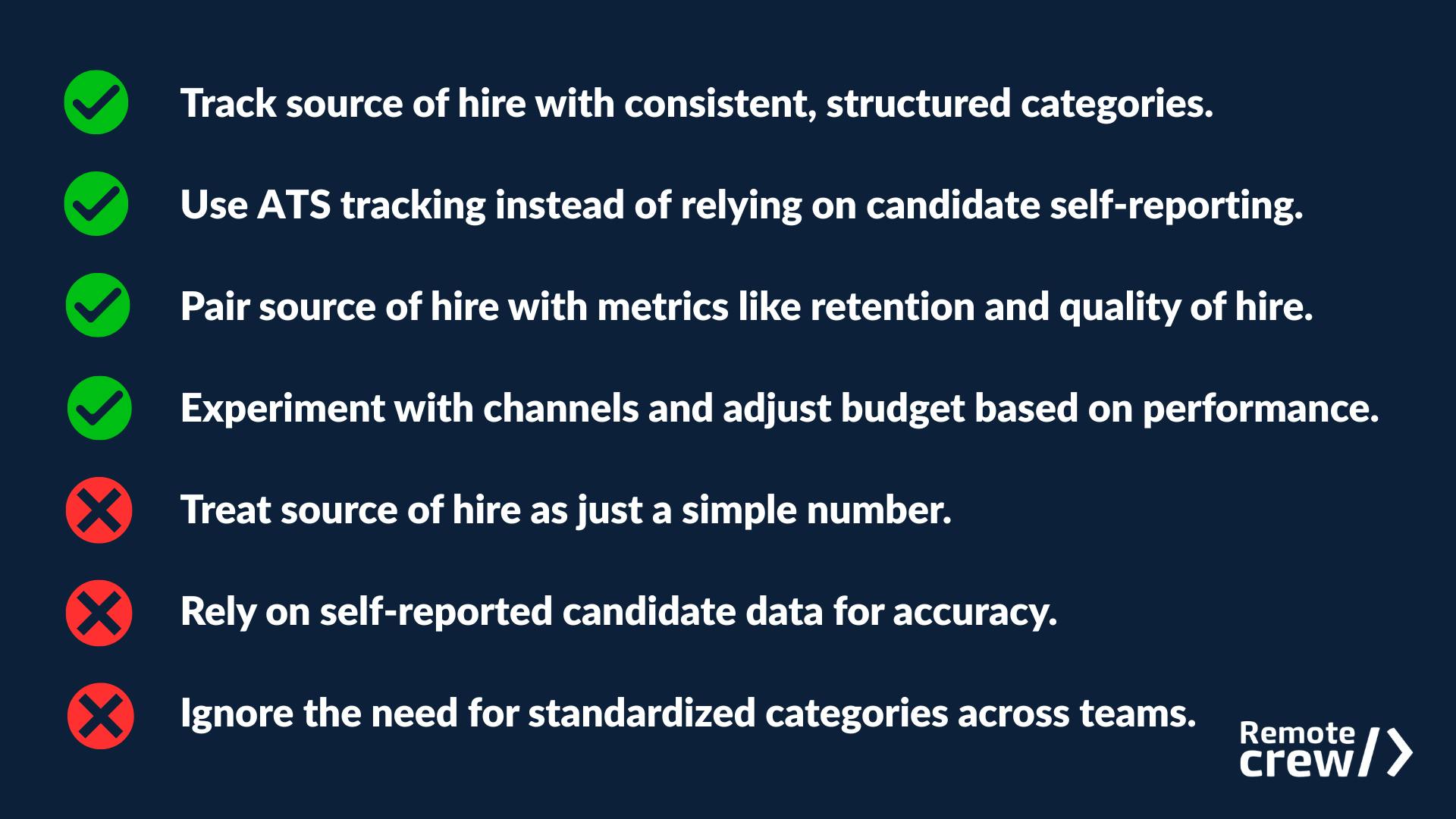 Do’s and don’ts of tracking Source of Hire, highlighting best practices like using ATS data and pairing SOH with retention metrics.”