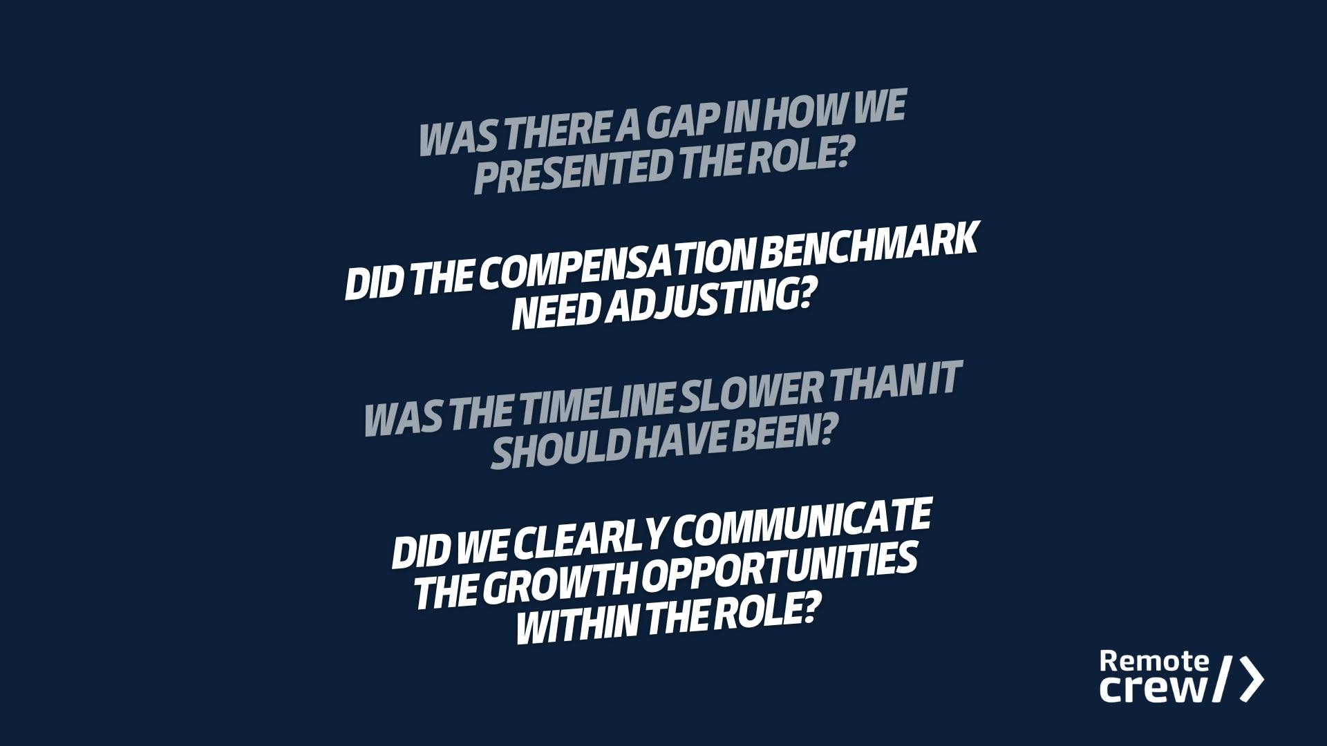 Questions for recruiters to reflect on after a rejected offer, including compensation benchmarks, communication, and hiring timelines.
