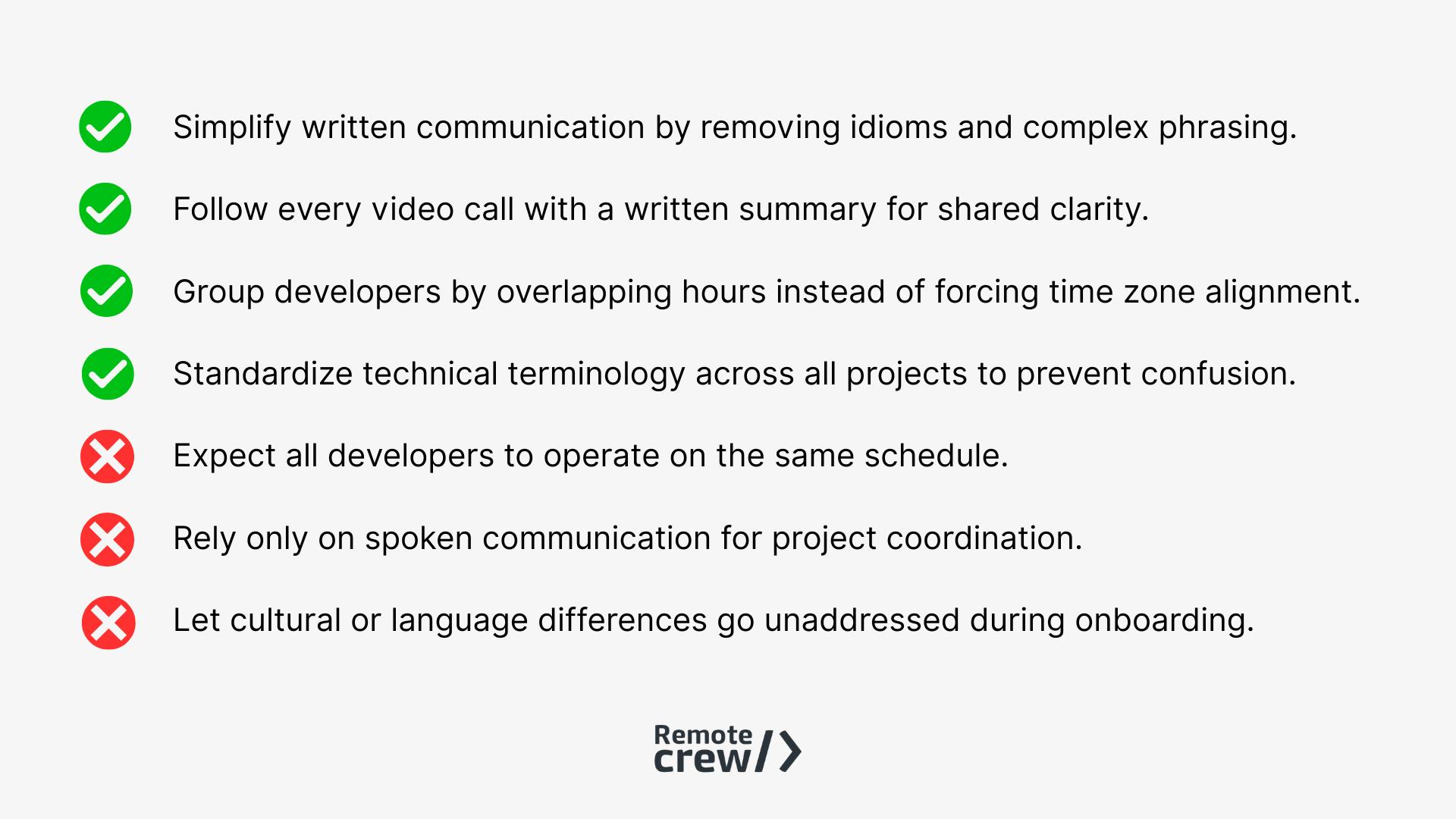 Checklist showing best and worst practices for hiring developers overseas, including simplified communication, written summaries after video calls, overlapping work hours, standardized terminology, and common mistakes like forcing same schedules and relying only on spoken communication, with Remote Crew logo.