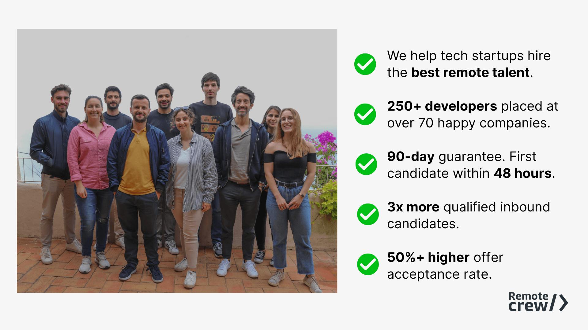 Multicultural remote recruitment team standing together next to a list of Remote Crew benefits, highlighting hiring top remote talent, over 250 developers placed, 90-day guarantee, and fast hiring within 48 hours.