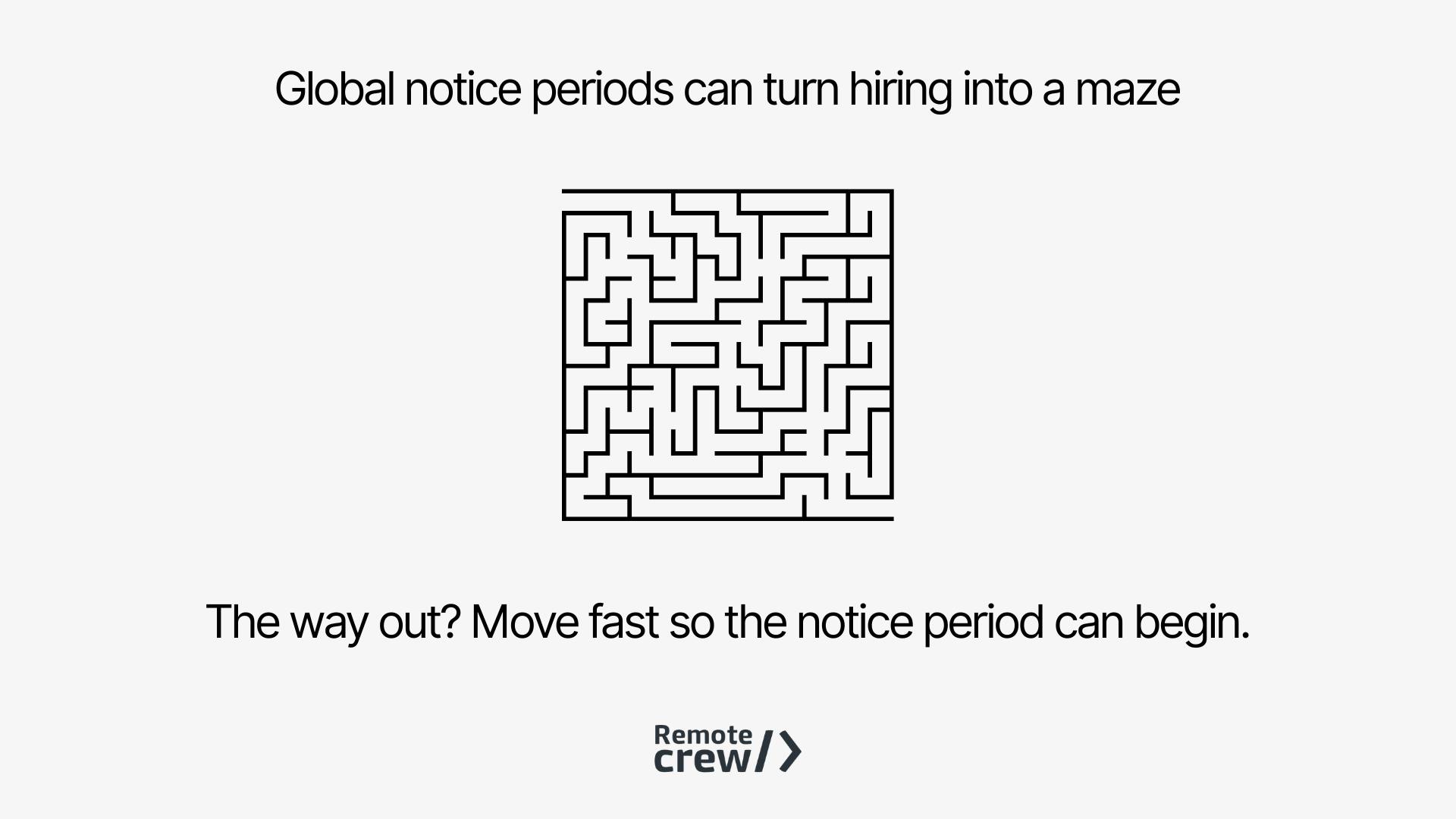 Maze illustration representing the complexity of global notice periods in the hiring process, with Remote Crew branding