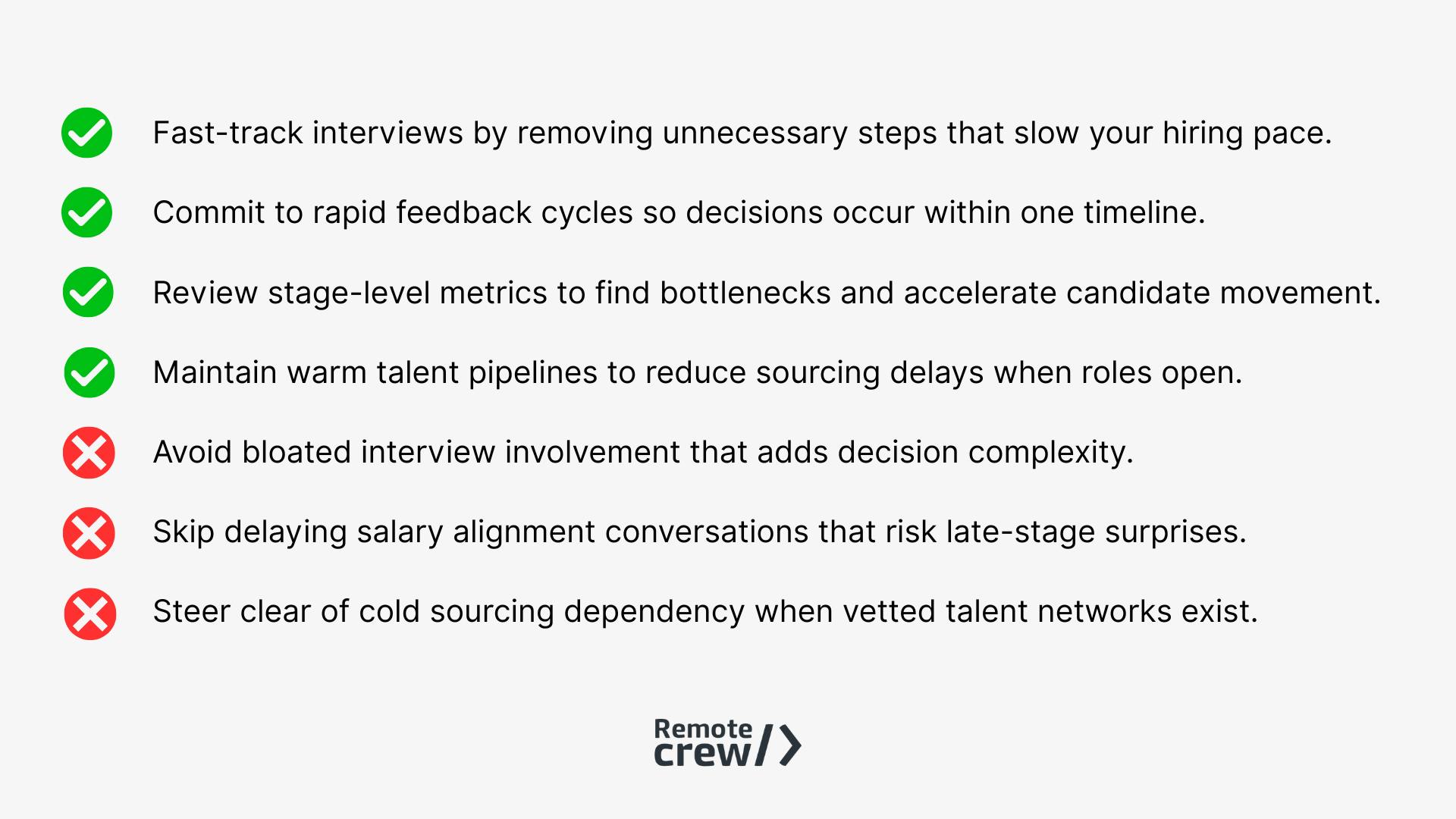 Checklist graphic showing best practices and mistakes for speeding up the remote hiring process, with Remote Crew branding