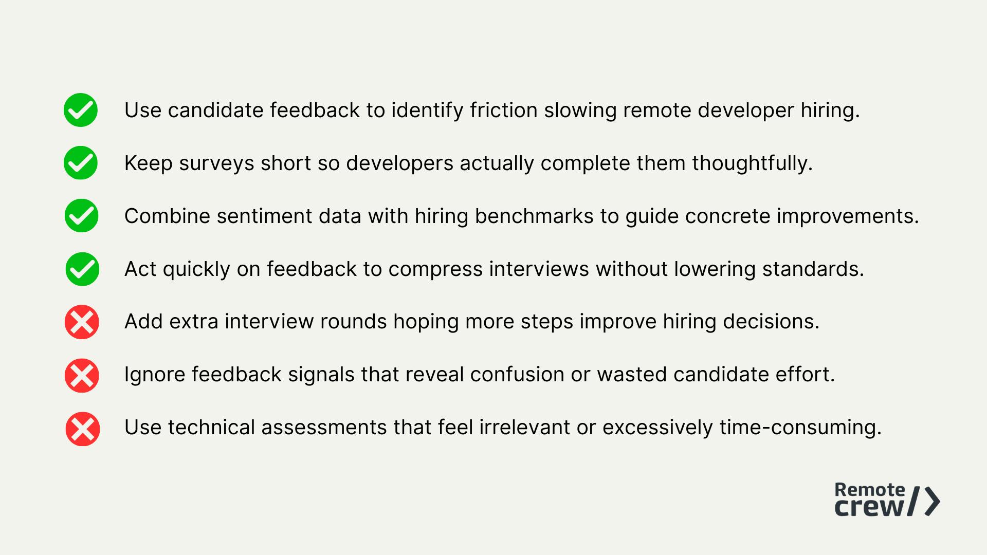 Alt text: "Checklist titled 'Remote Hiring Tips' with four green check marked dos and three red cross marked don'ts for improving remote developer hiring processes."