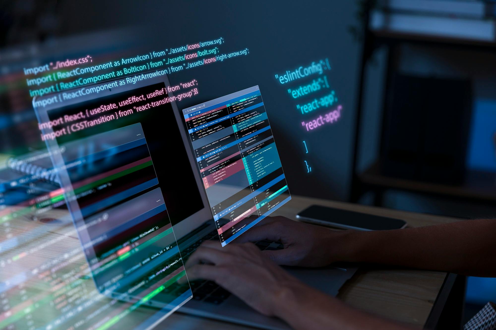 Person typing code on a laptop with colorful lines of code projected around. The scene conveys a futuristic, tech-focused atmosphere.