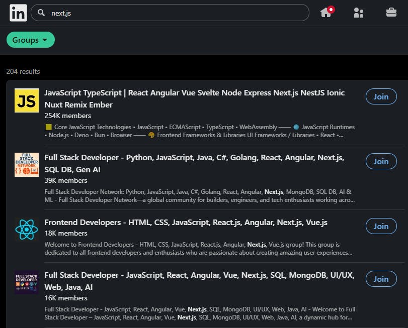 LinkedIn search results for "Next.js" showing four developer groups. The groups focus on JavaScript, full stack development, and frontend technologies. Each has a "Join" button on the right.