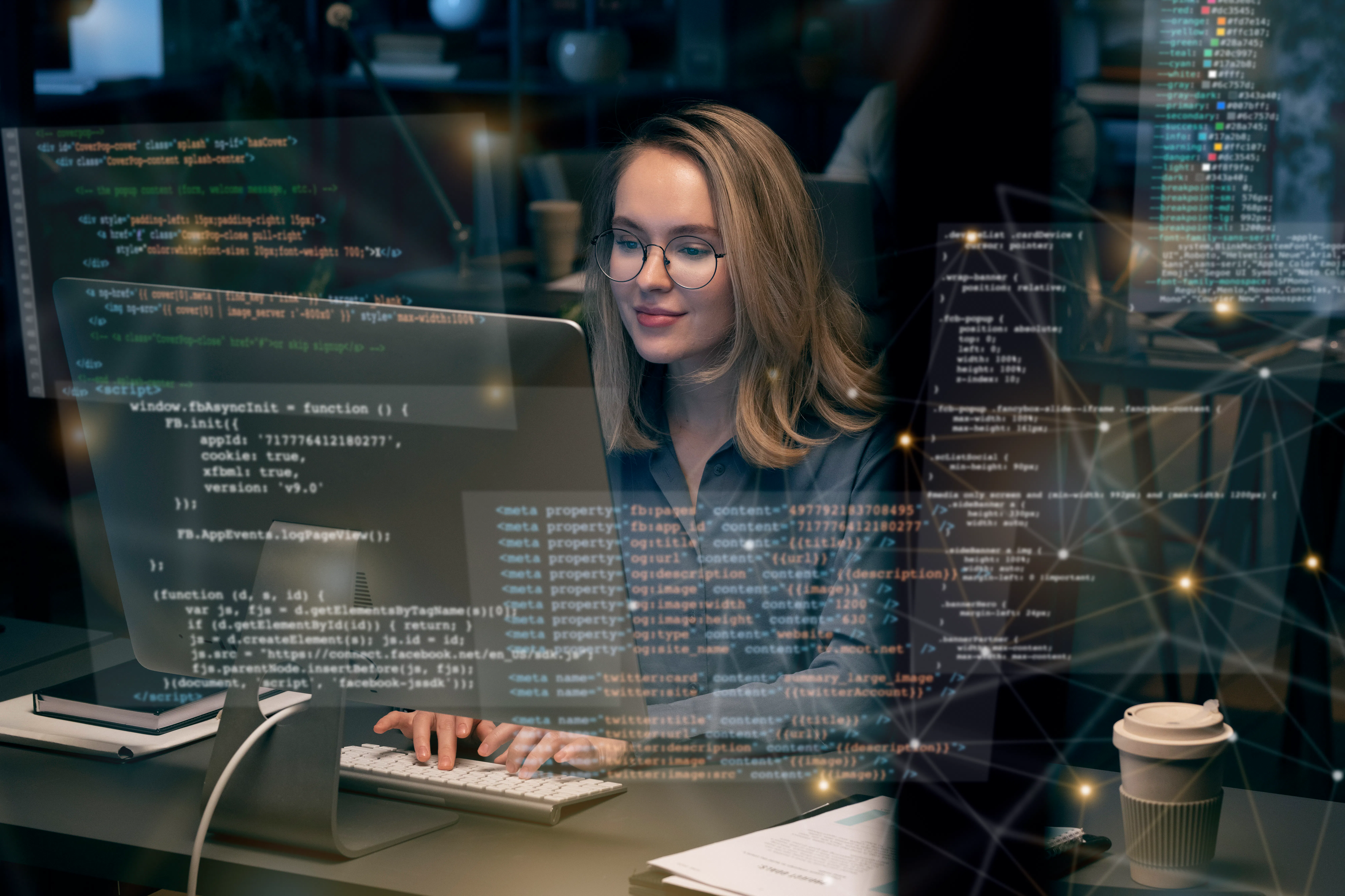 A woman in glasses smiles and types on a computer, surrounded by floating code and digital graphics. The scene conveys a sense of focus and innovation.