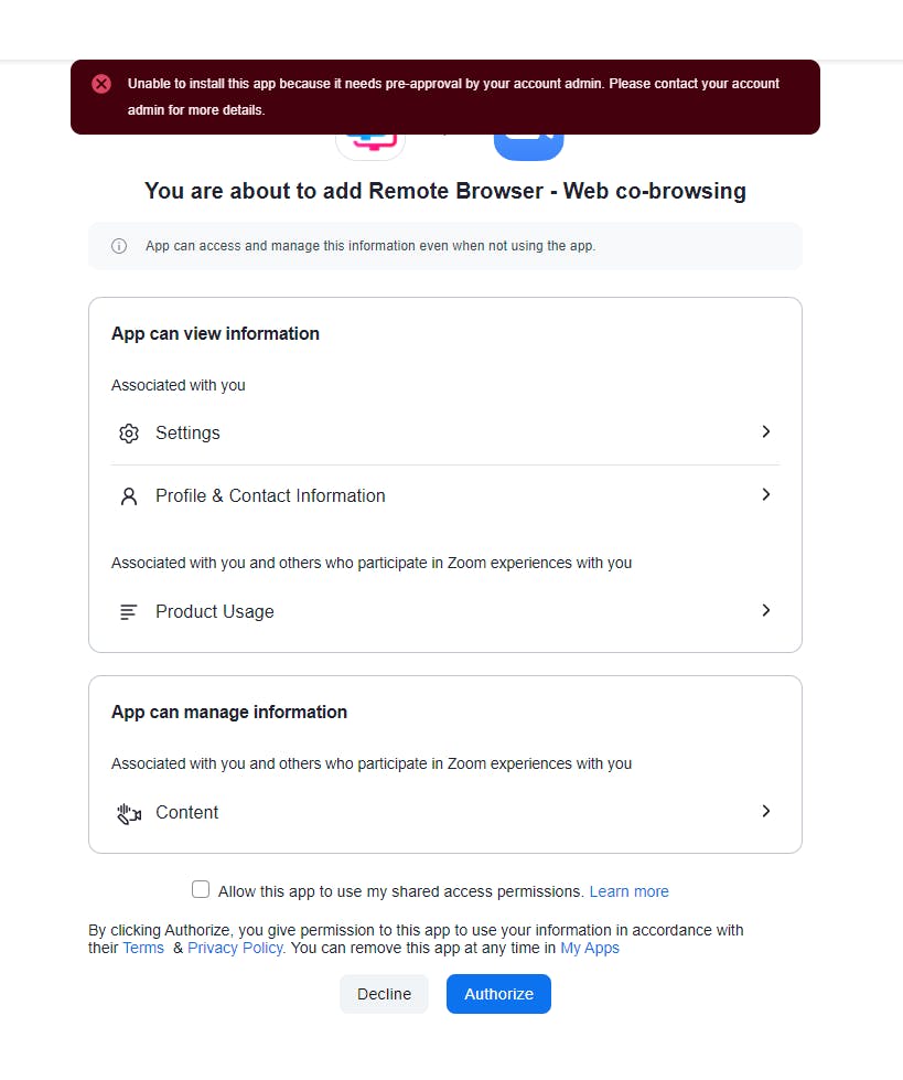 Unable to install this app because it needs pre-approval by your account admin.