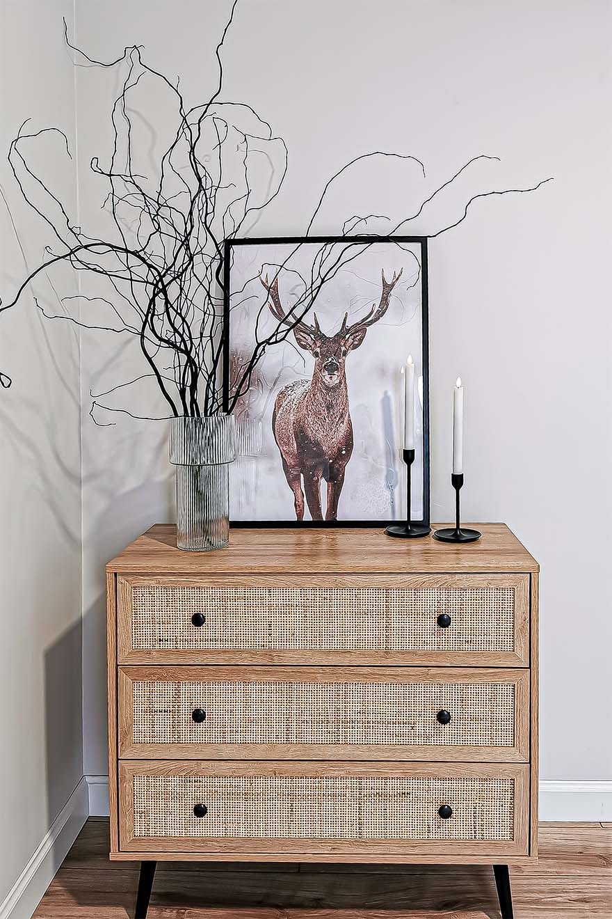 Dekorationen auf der Kommode mit Rattanfronten