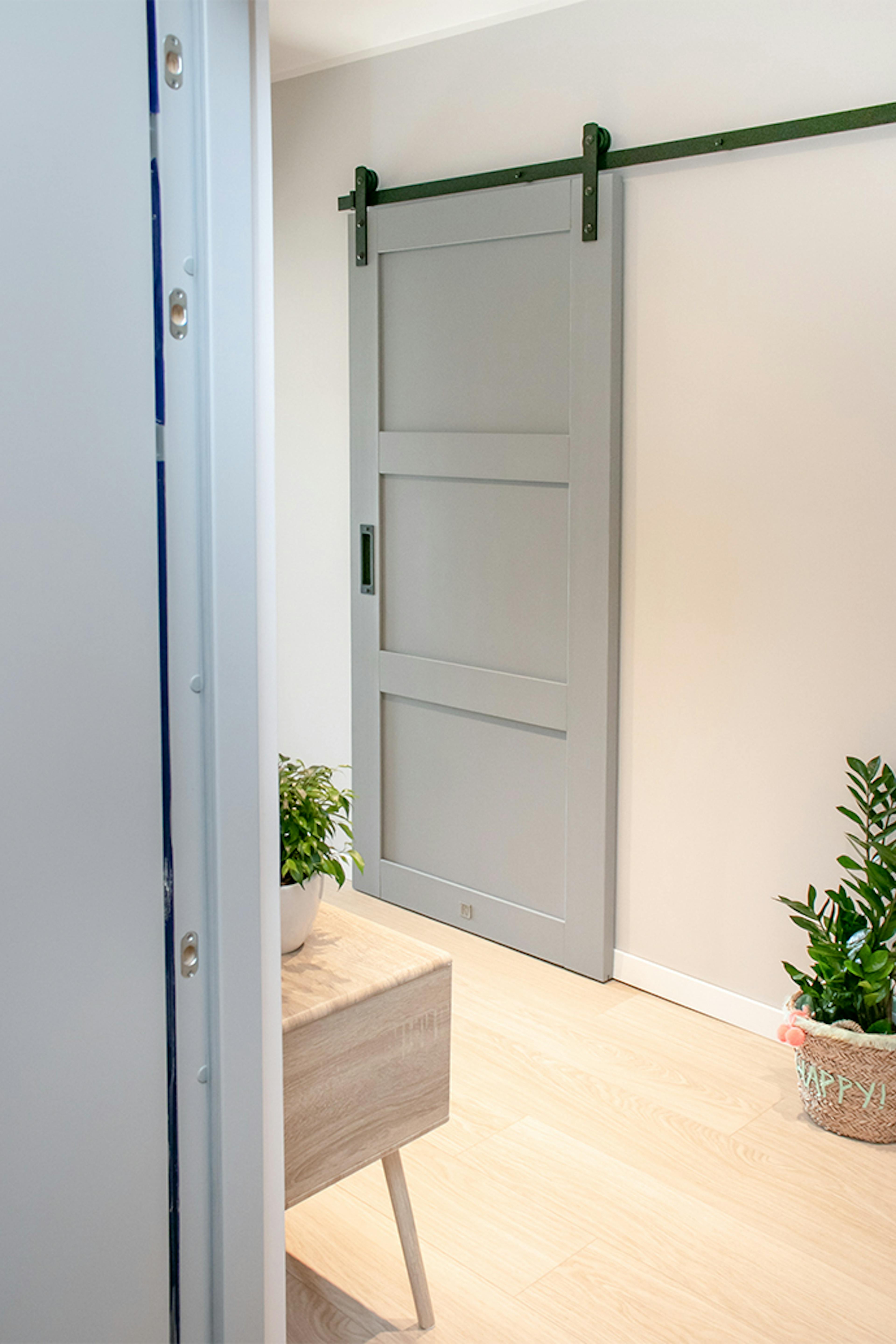 Schiebetür im Wohnblock, Holzschiebetür, Schiebetür für Speisekammer, graue Schiebetür, Schiebetür für Hauswirtschaftsraum, Blumen in der Halle