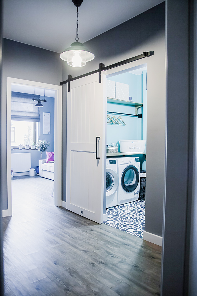 laundry room sliding door, white sliding door, sliding door system modern farmhouse, laundry door, sliding door, grey colours