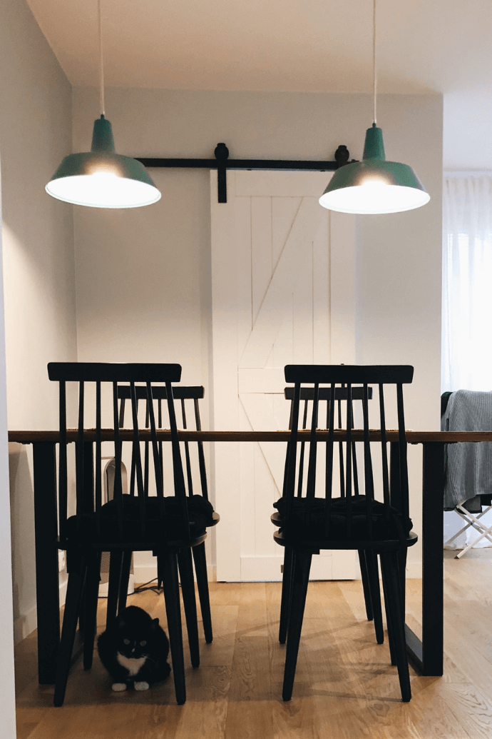 weiße Schiebetür, industriellem Innenraum, Metallzubehör im Innenraum, Holzschiebetür, "barn door"-Stil Schiebetüren, grüne Hängelampe, schwarze Stühle