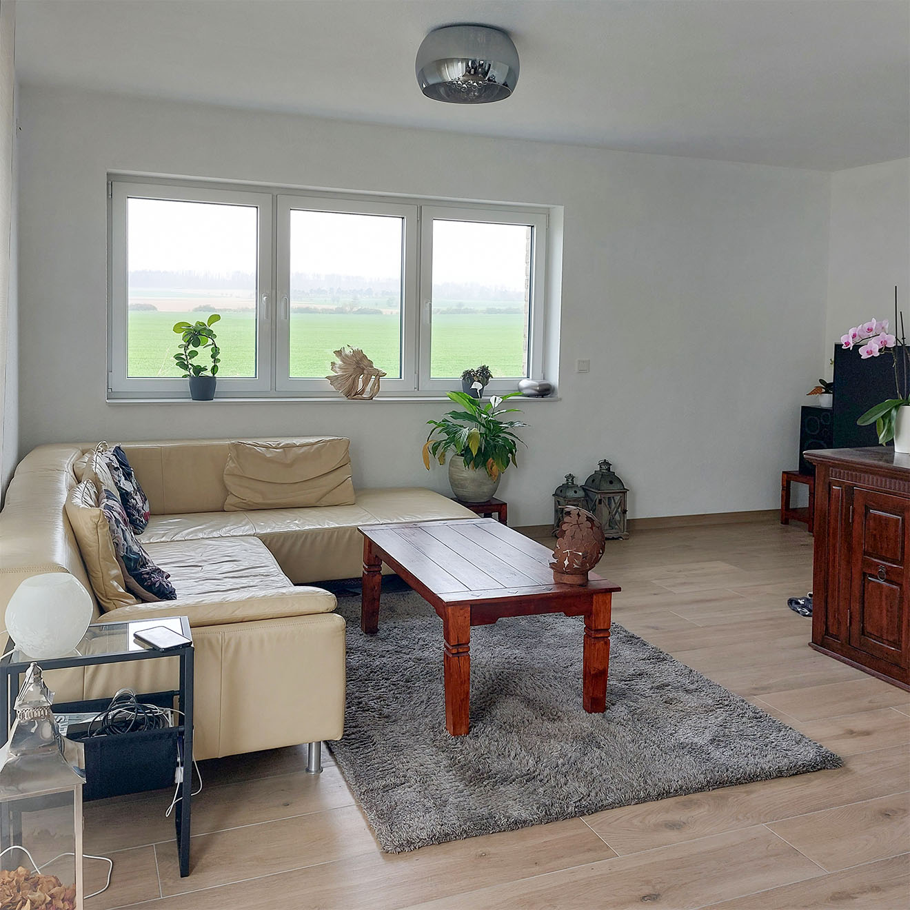 Gemütliches Wohnzimmer mit beigem L-förmigem Sofa, Couchtisch aus Holz und großen Fenstern mit Blick auf die Felder.