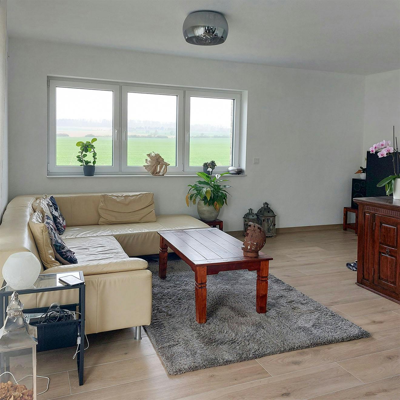 Gemütliches Wohnzimmer mit beigem L-förmigem Sofa, Couchtisch aus Holz und großen Fenstern mit Blick auf die Felder.