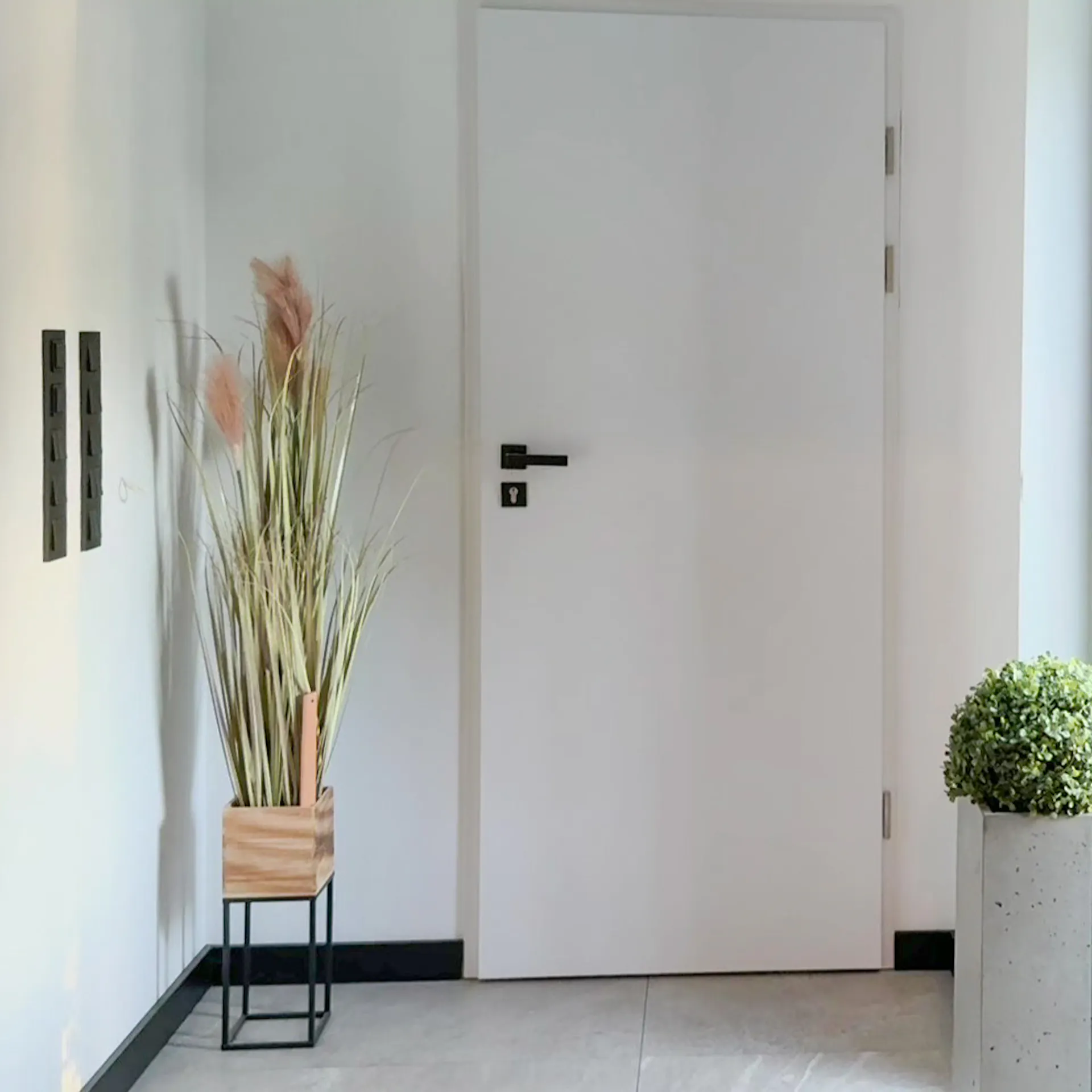 Wnętrze wiatrołapu z nowoczesnymi dekoracjami. Obok białych drzwi z czarną klamką stoi wysoka, dekoracyjna roślina w drewnianej donicy.