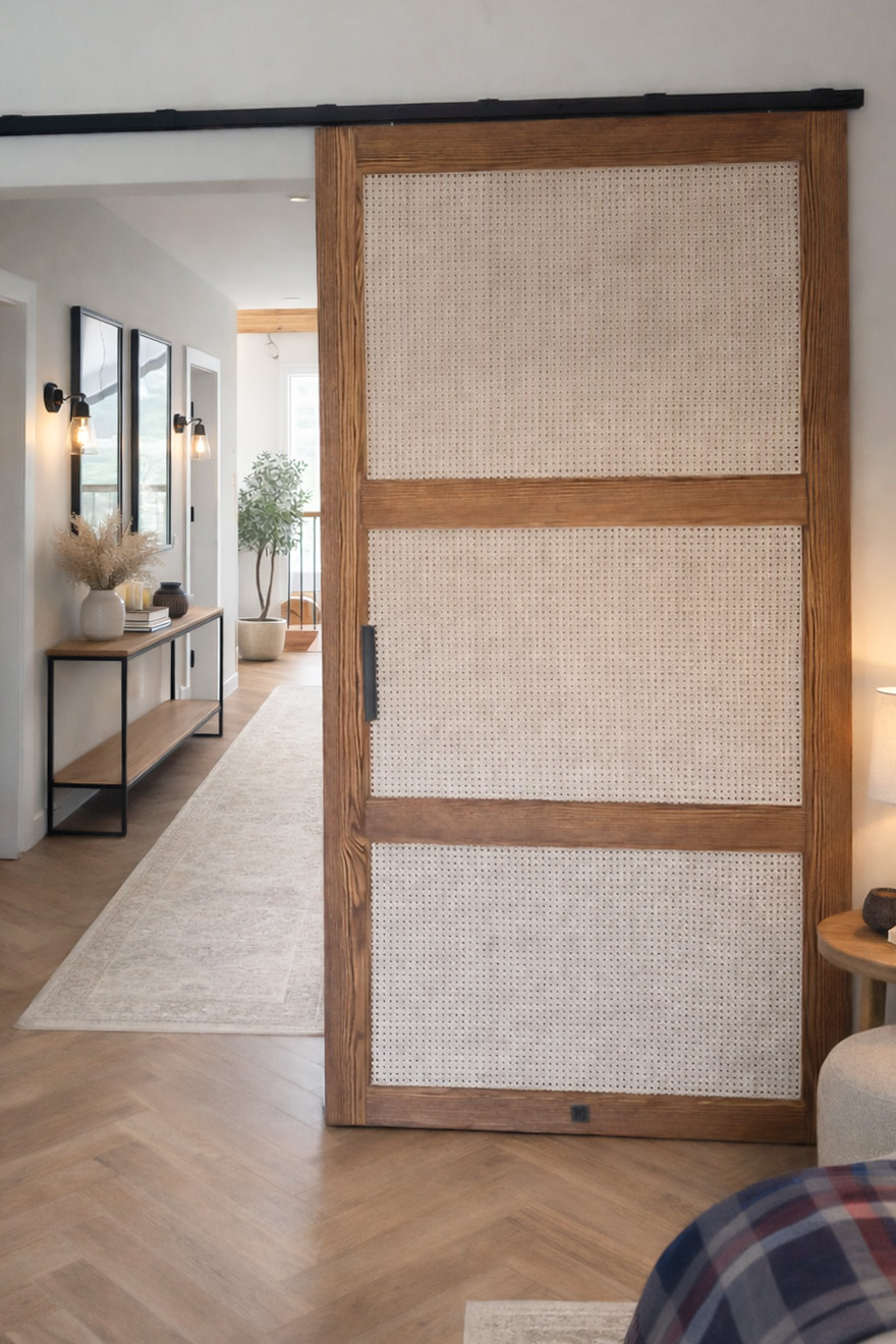 Drewniane drzwi przesuwne z plecionką wiedeńską na czarnym systemie TOP WALL – połączenie stylu boho z nowoczesnym mechanizmem.