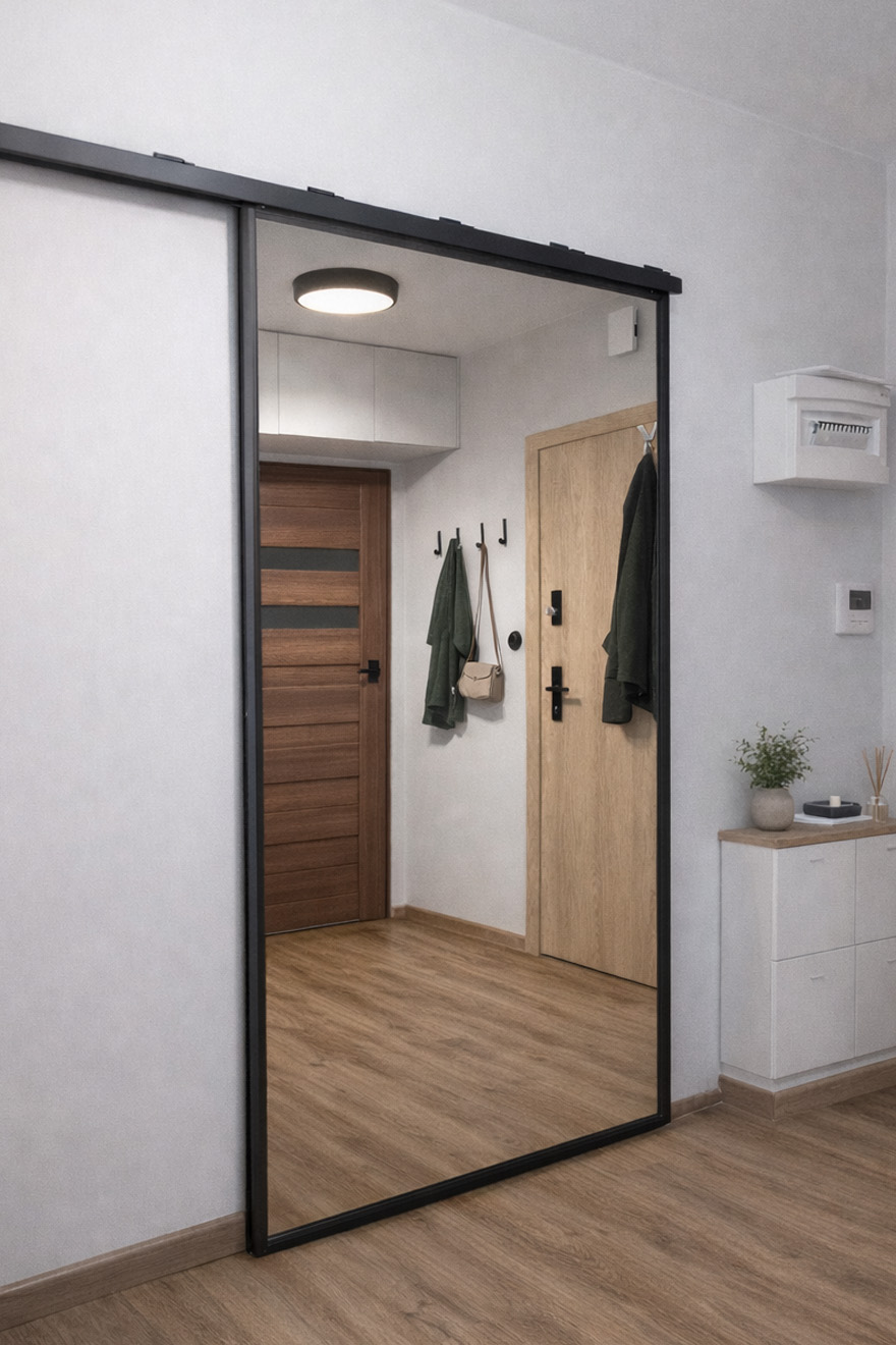 Duże lustro przesuwne na przedpokoju zamontowane na czarnej szynie ściennej TOP WALL.