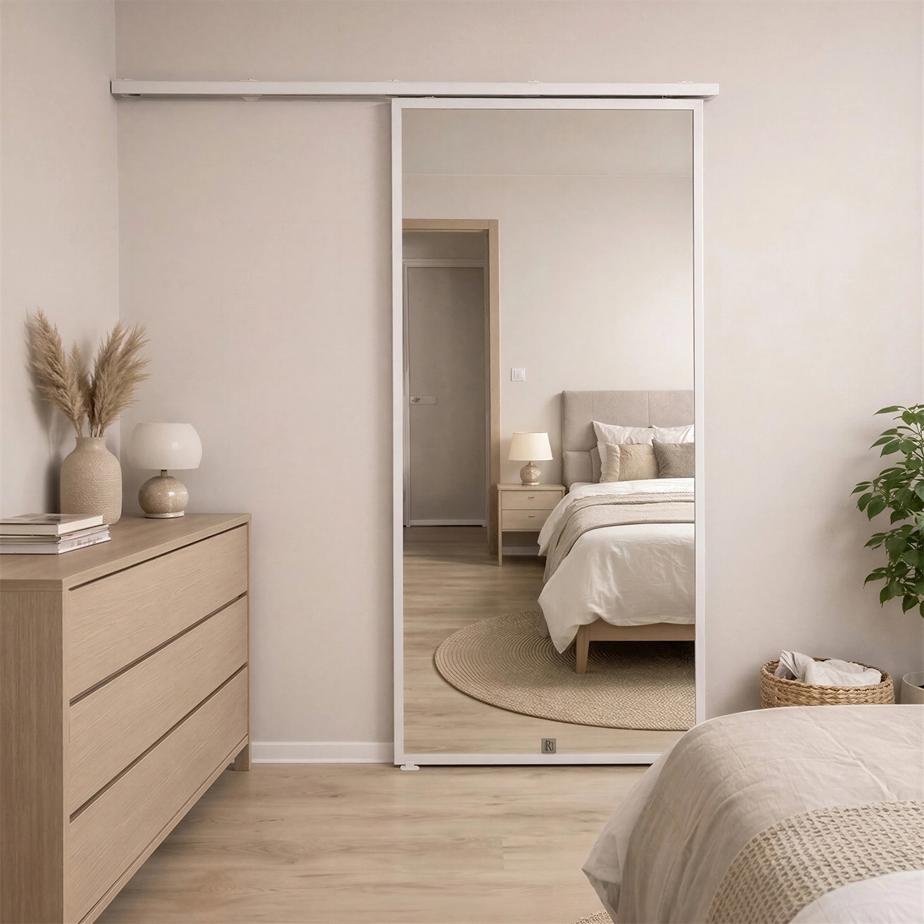 Lustrzane drzwi przesuwne w białej ramie zamontowane na systemie TOP WALL w jasnej sypialni.