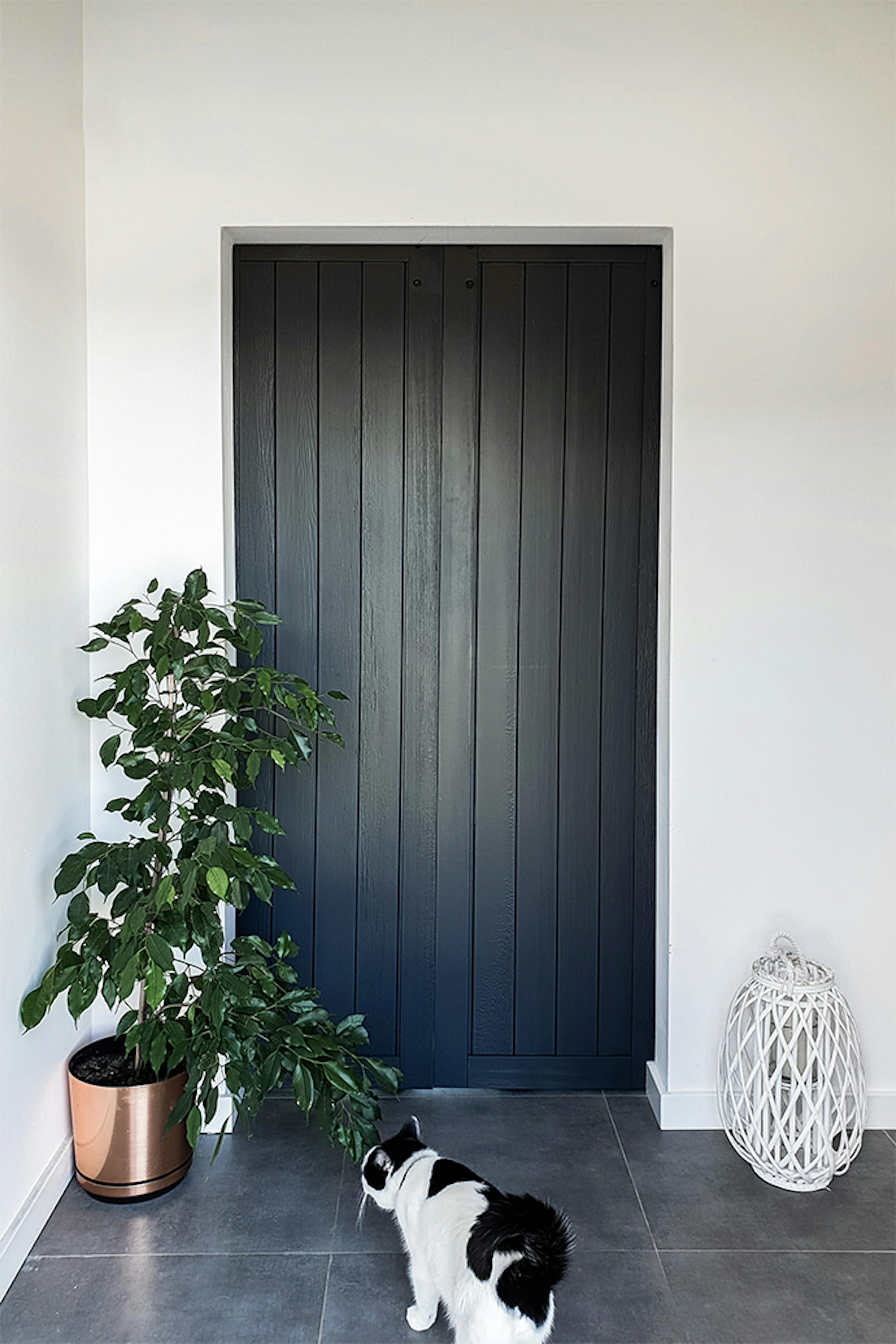 porte en bois anthracite dans le vestibule, porte coulissante en bois
