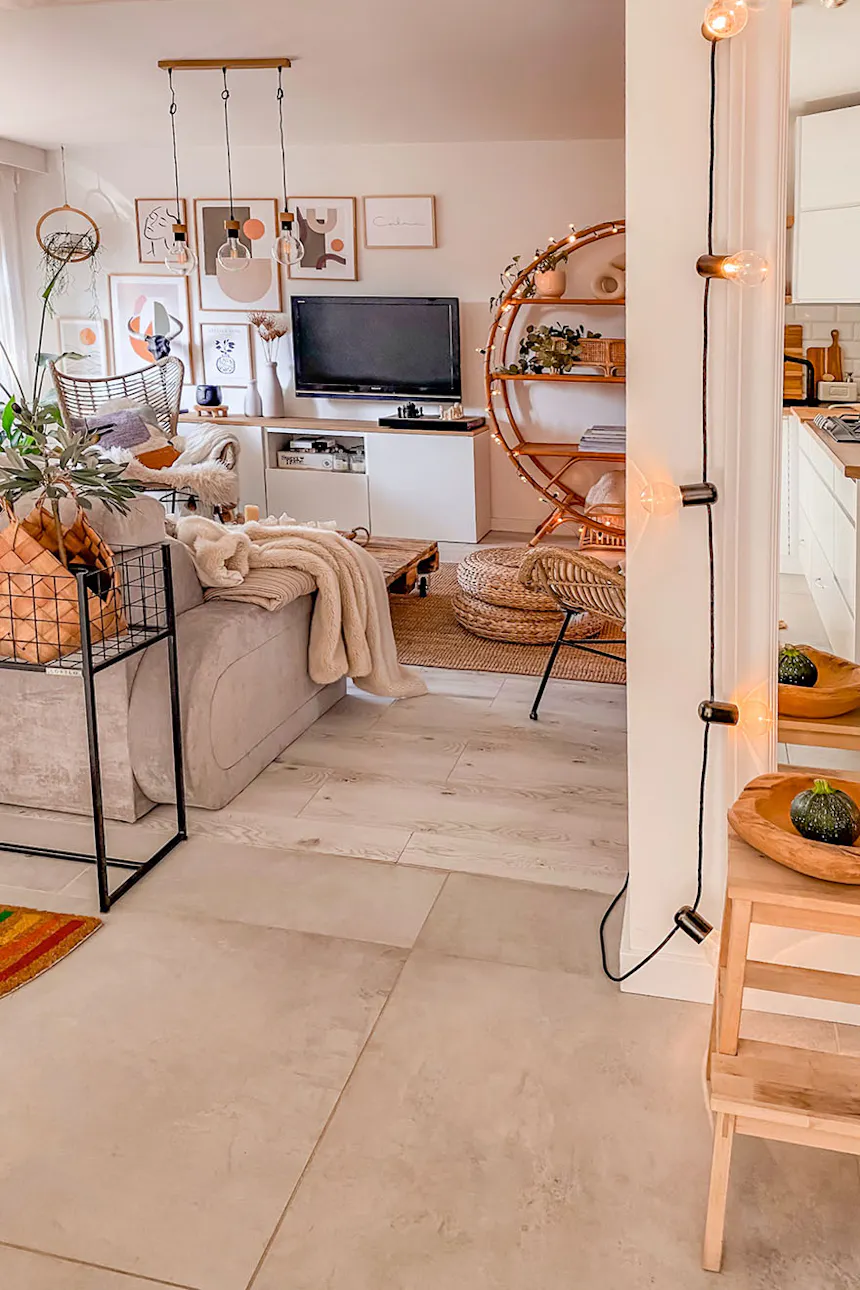 otwarty salon w skandynawskim stylu boho