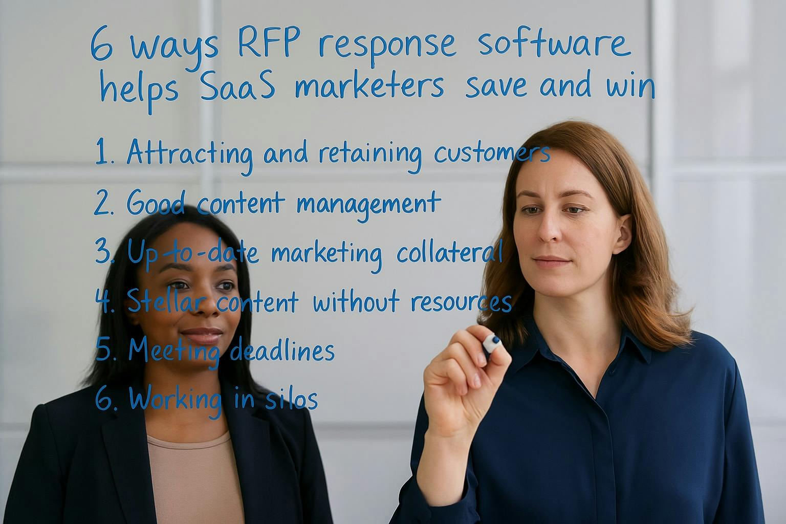 Two professional women discussing marketing strategy in front of a glass whiteboard listing six ways RFP software helps SaaS marketers, including attracting customers and meeting deadlines.