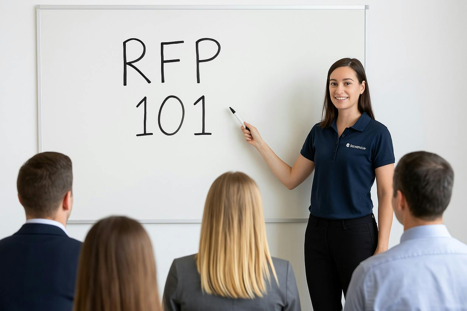 Professional RFP training session with a female instructor in business attire pointing to RFP 101 handwritten on a modern whiteboard, as four professionals sit attentively in a bright, corporate classroom setting