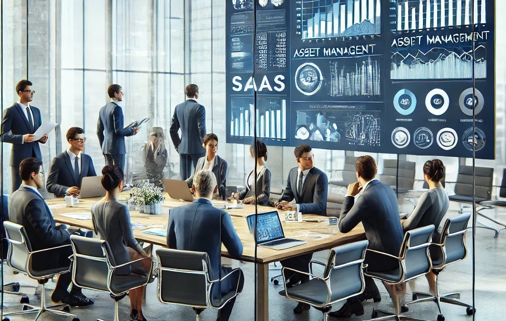 Team of business professionals collaborating on asset management RFP response, analyzing financial charts and proposal documents on a large screen in a modern office.