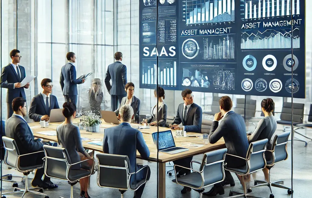 Team of business professionals collaborating on asset management RFP response, analyzing financial charts and proposal documents on a large screen in a modern office.