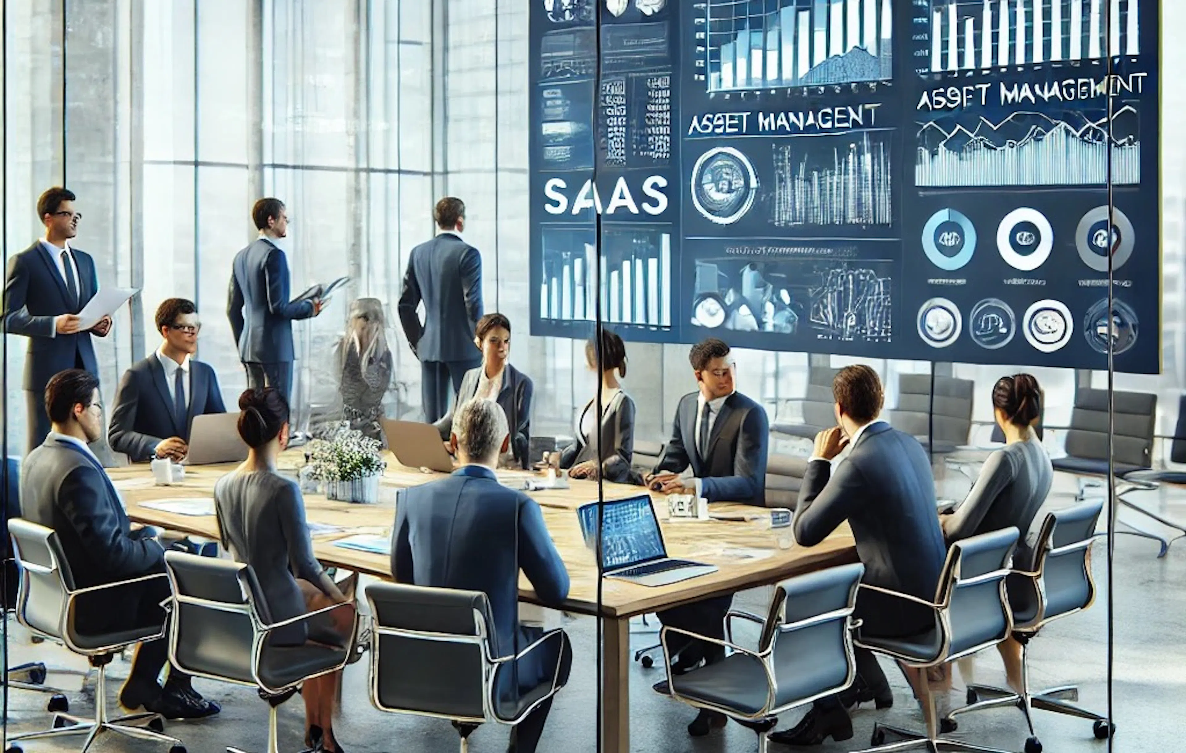 Team of business professionals collaborating on asset management RFP response, analyzing financial charts and proposal documents on a large screen in a modern office.