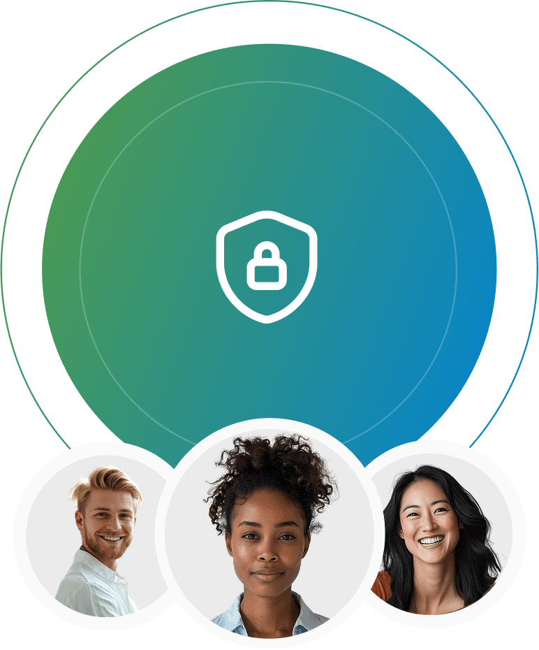 security icon and three people