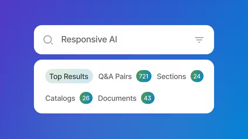Responsive AI graphic showing QA pairs, sections, catalogs, and documents found on the platform