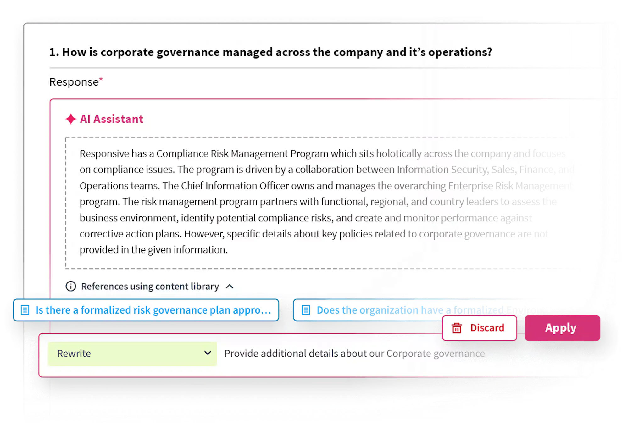 Responsive UI mockup showing AI Assistant answering a question