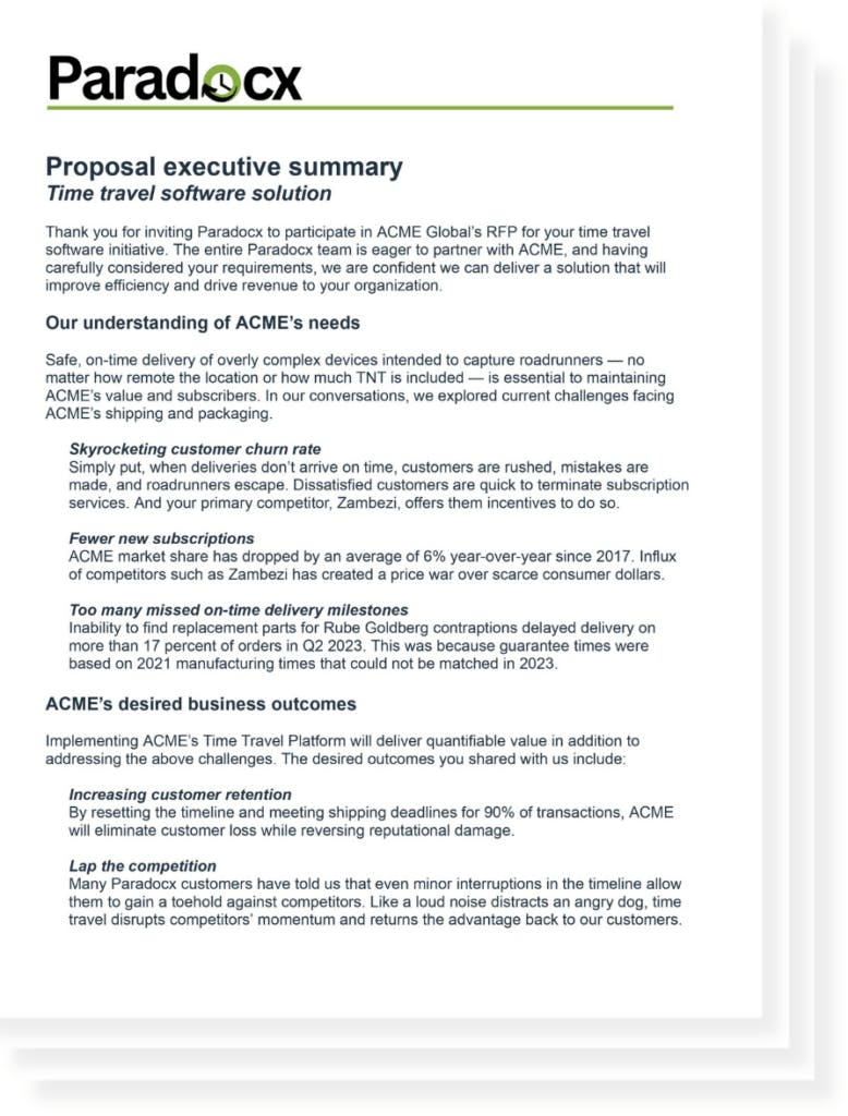 Request for proposal executive summary example ACME and Paradox Creative Example