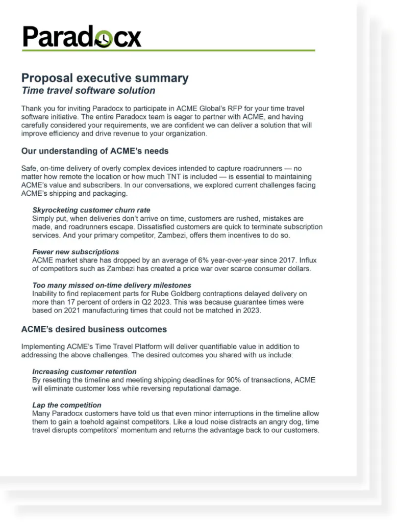 Request for proposal executive summary example ACME and Paradox Creative Example