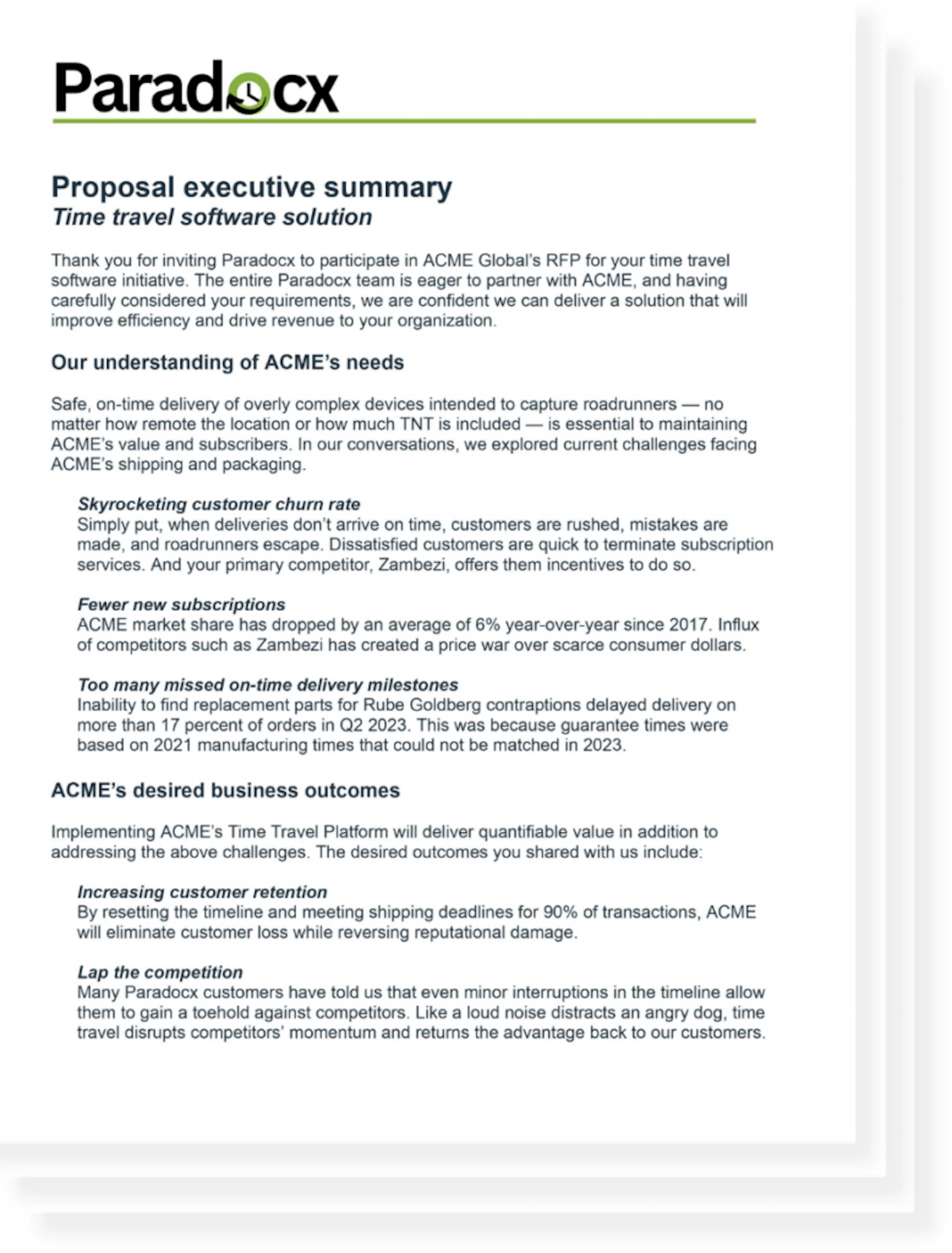 Request for proposal executive summary example ACME and Paradox Creative Example